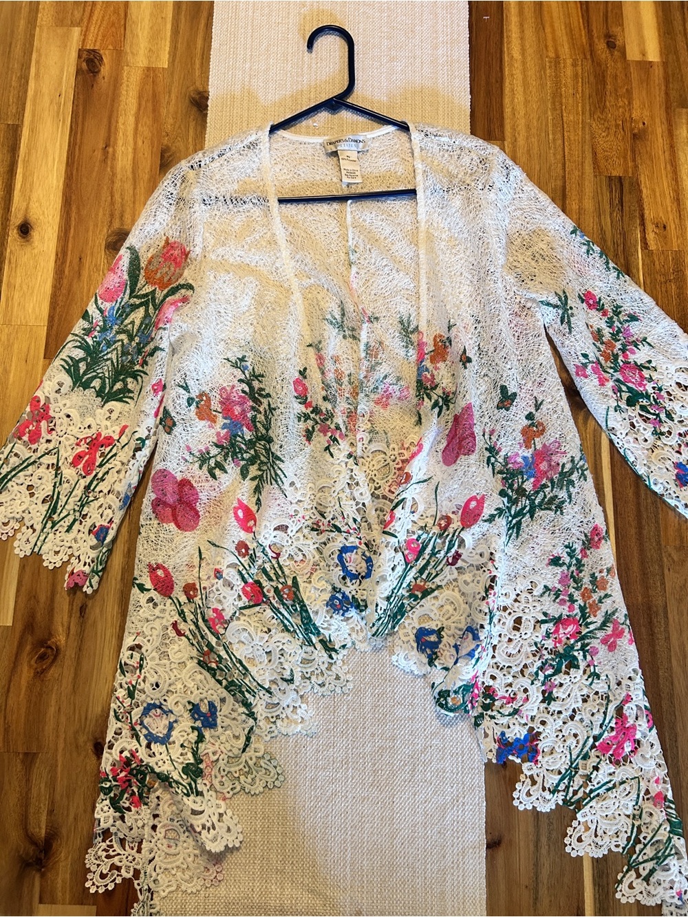 Floral Lace Asymmetric Open Cardigan Floral Print Crochet Hem